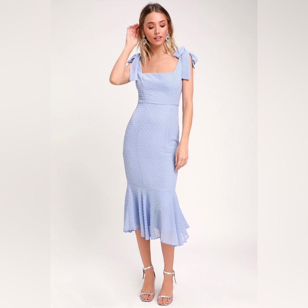 Lulu’s Bimini Periwinkle Blue Swiss Dot Tie-Strap Midi Dress